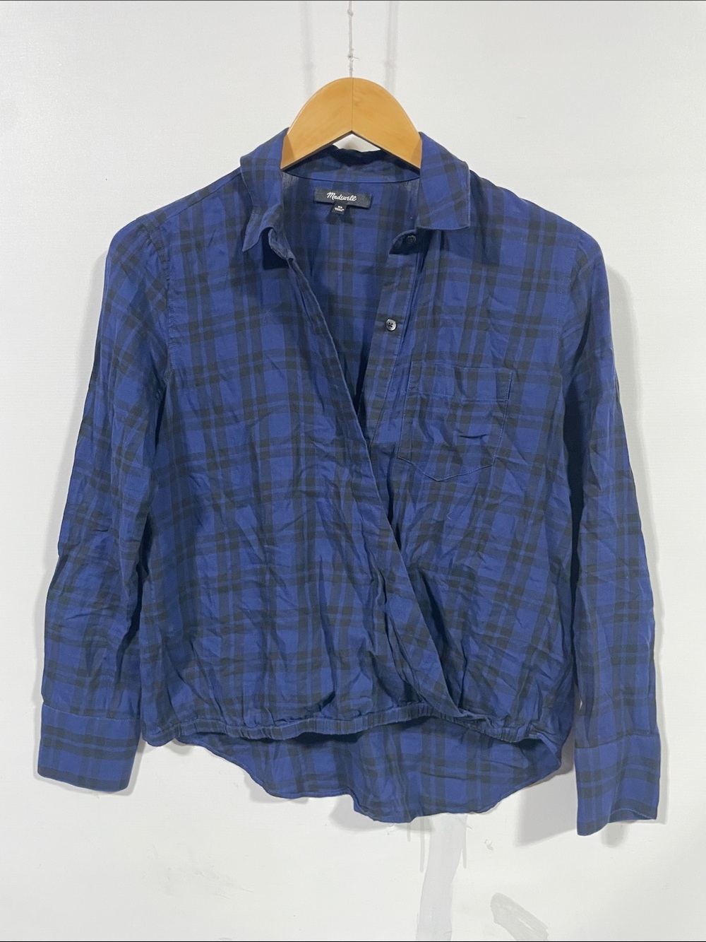 Madewell Navy and Black Plaid Button-Down Wrap Shirt